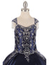 Big Girls Navy Cap Shoulder Rhinestone Beaded Fringe Ball Gown 8-16 - SophiasStyle.com